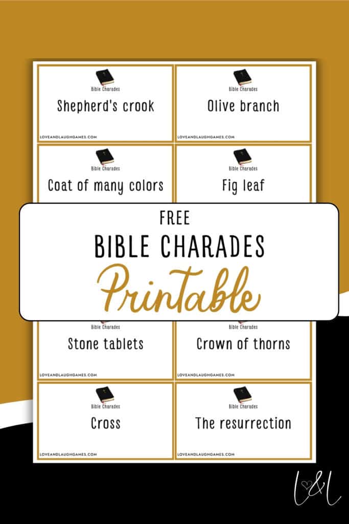 A printable sheet titled Free Bible Charades Printable features charade cards with phrases like Shepherd’s crook, Olive branch, Coat of many colors, Fig leaf, Stone tablets, Crown of thorns, Cross, and The resurrection for fun Bible-themed charades.