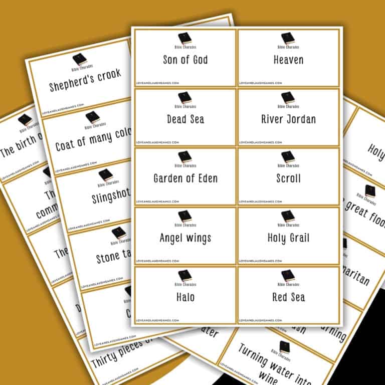 A set of printable charades cards for Bible charades, arranged in overlapping stacks—each card displays phrases like “Son of God,” “Heaven,” “Garden of Eden,” and “Holy Grail” in bold black text on a white background.