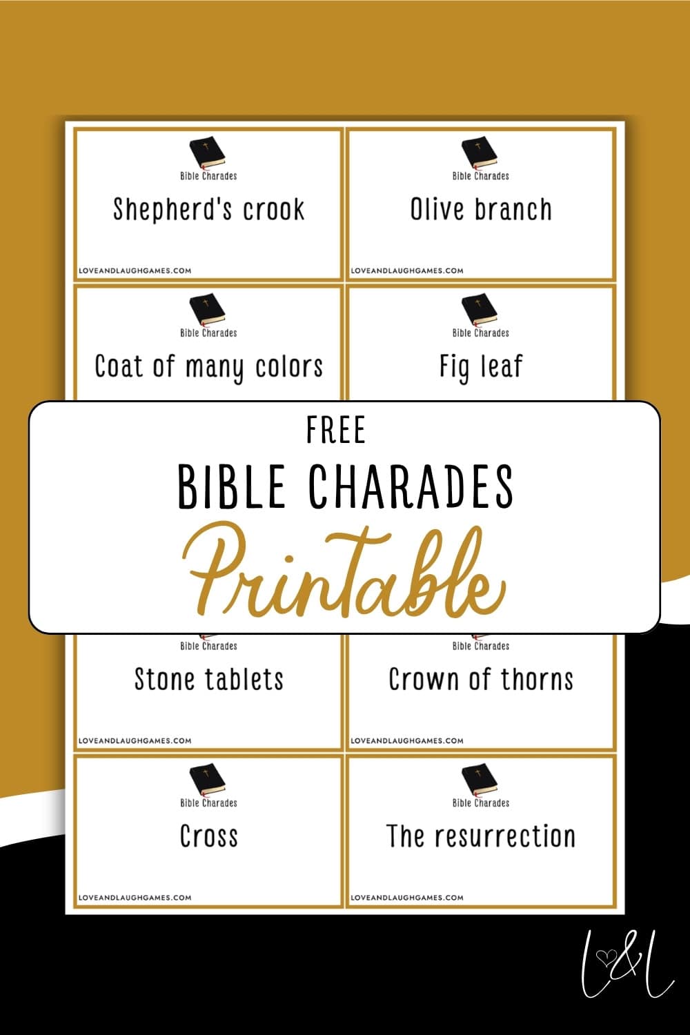 A fun charades game! This printable sheet features Bible-themed charades cards: Shepherds crook, Olive branch, Coat of many colors, Fig leaf, Stone tablets, Crown of thorns, Cross, and The resurrection. Free Bible Charades Printable.