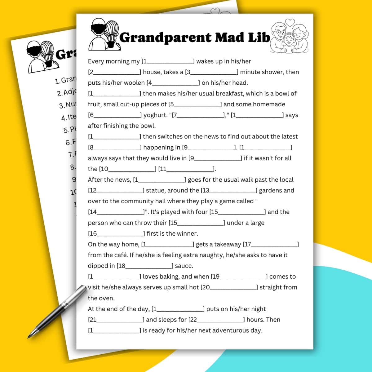 A Grandparent Mad Libs worksheet with fill-in-the-blank sentences and cartoon images of a smiling grandparent and a child in the top corners, placed on a colorful blue, yellow, and white background with a pen beside it.