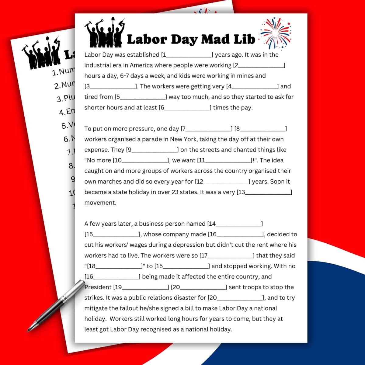 A Labor Day Mad Libs worksheet with blanks to fill in, overlaid with festive graphics of fireworks, a pencil, and a notepad—perfect for fans of word games and even Tennis Mad Lib fun—resting on a red, white, and blue background.