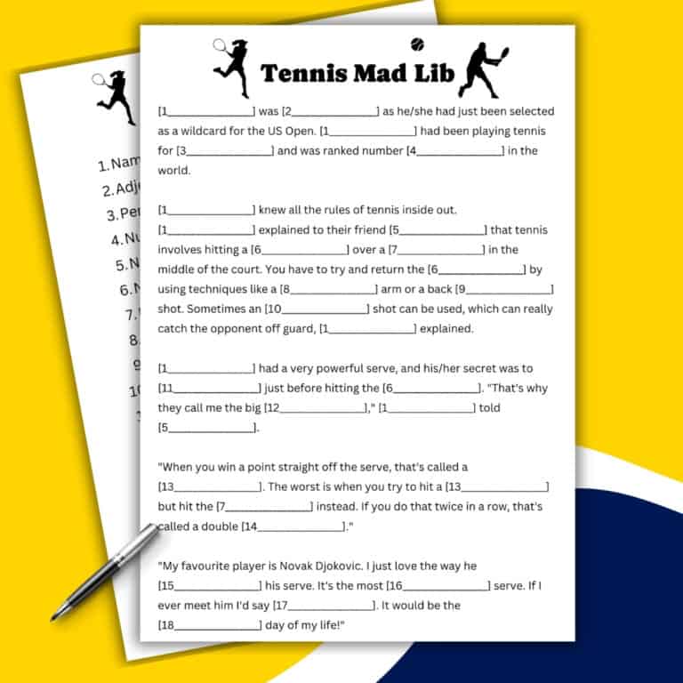 A Tennis Mystery Mad Lib worksheet with fill-in-the-blank spaces and a tennis-themed story, resting on a color-blocked yellow, blue, and white background, with a pen placed at the bottom left of the page.