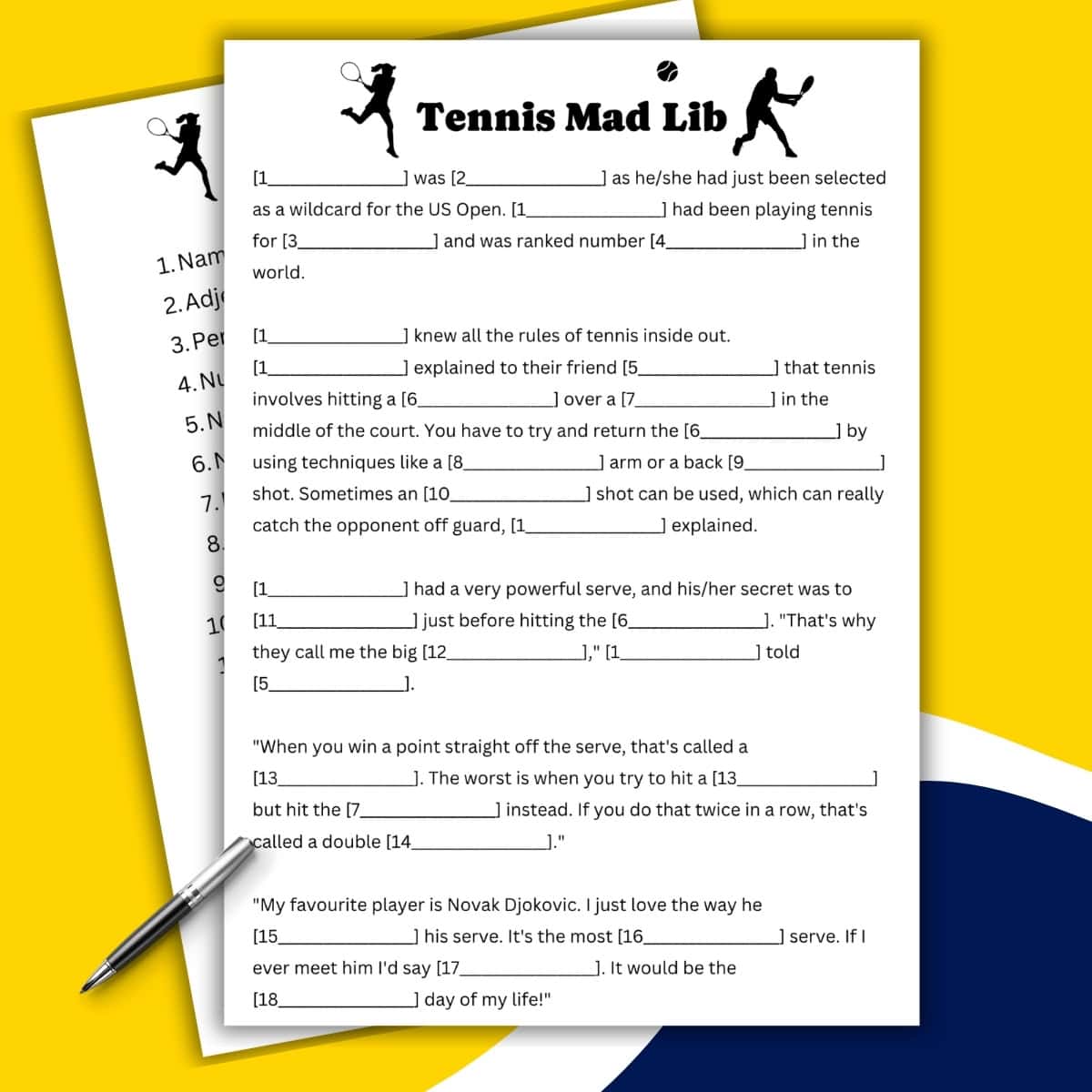 A Tennis Mystery Mad Lib worksheet with fill-in-the-blank spaces and a tennis-themed story, resting on a color-blocked yellow, blue, and white background, with a pen placed at the bottom left of the page.