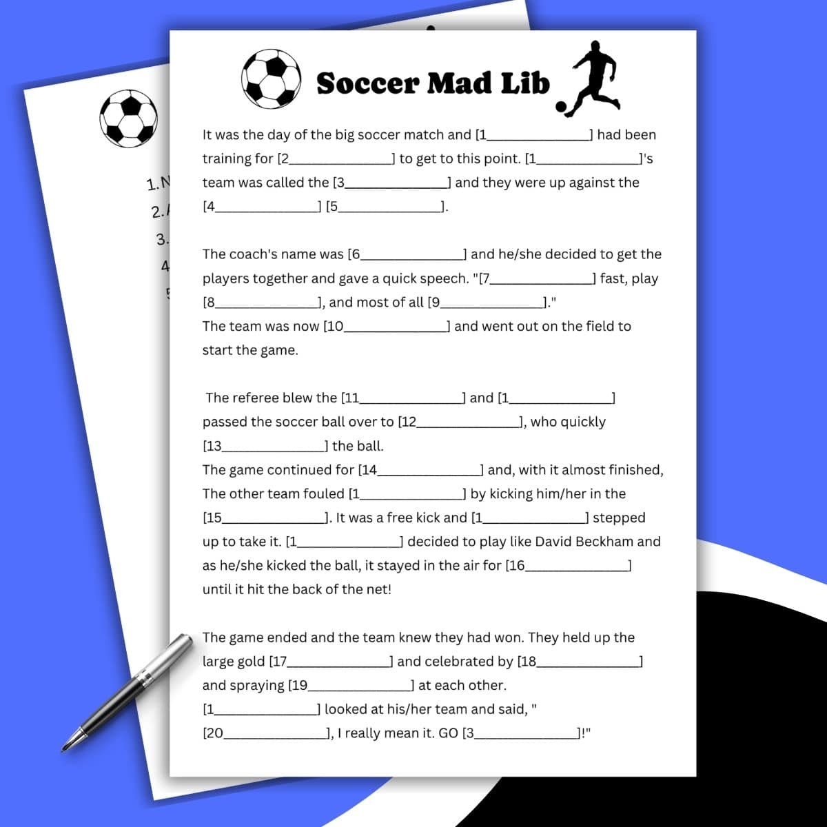 A printed soccer-themed Grandparent Mad Libs worksheet sits on a blue background, with another worksheet partially underneath and a pen beside them. The mad lib includes blank spaces for users to fill in words, and playful soccer icons decorate the page.