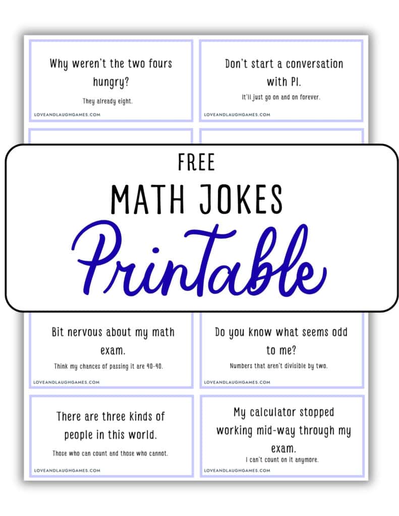 A printable sheet titled Free Math Jokes Printable features six math-themed jokes in text boxes with a white background and light purple borders.