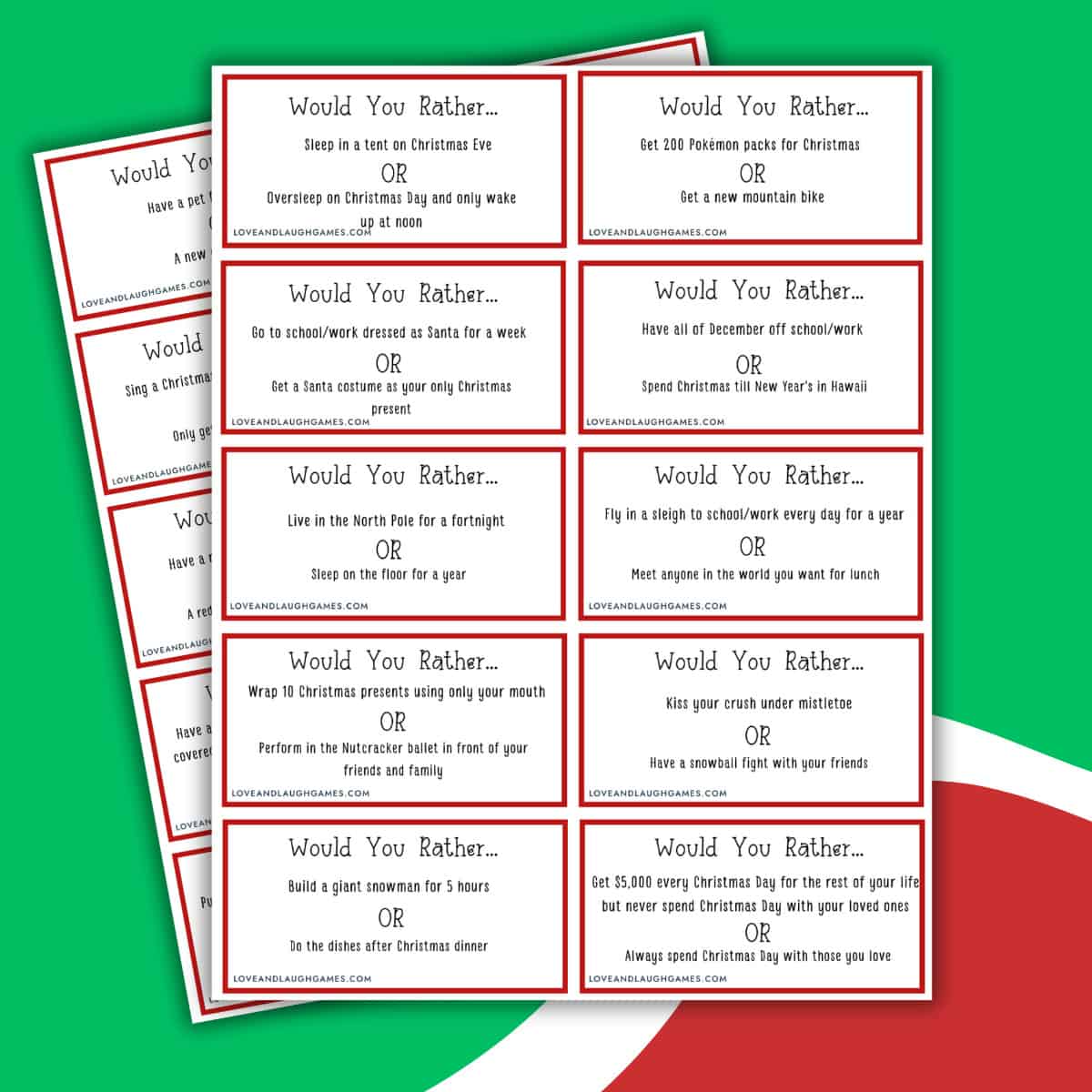 A stack of Christmas Would You Rather game cards featuring various holiday-themed prompts.