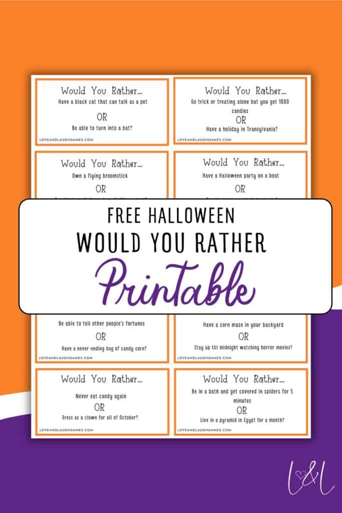 Printable sheet of eight Halloween-themed Would You Rather game cards, similar in style to a Christmas Would You Rather set, with a title card in the center.