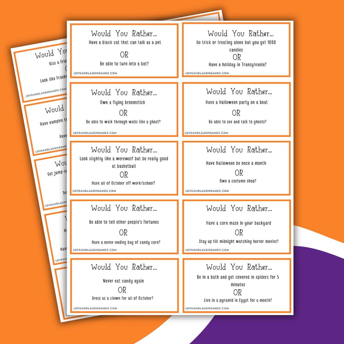 A stack of Halloween-themed Would You Rather game cards with orange borders, similar in format to Christmas Would You Rather sets, featuring prompts such as having a pet cat that talks or owning a flying broomstick.